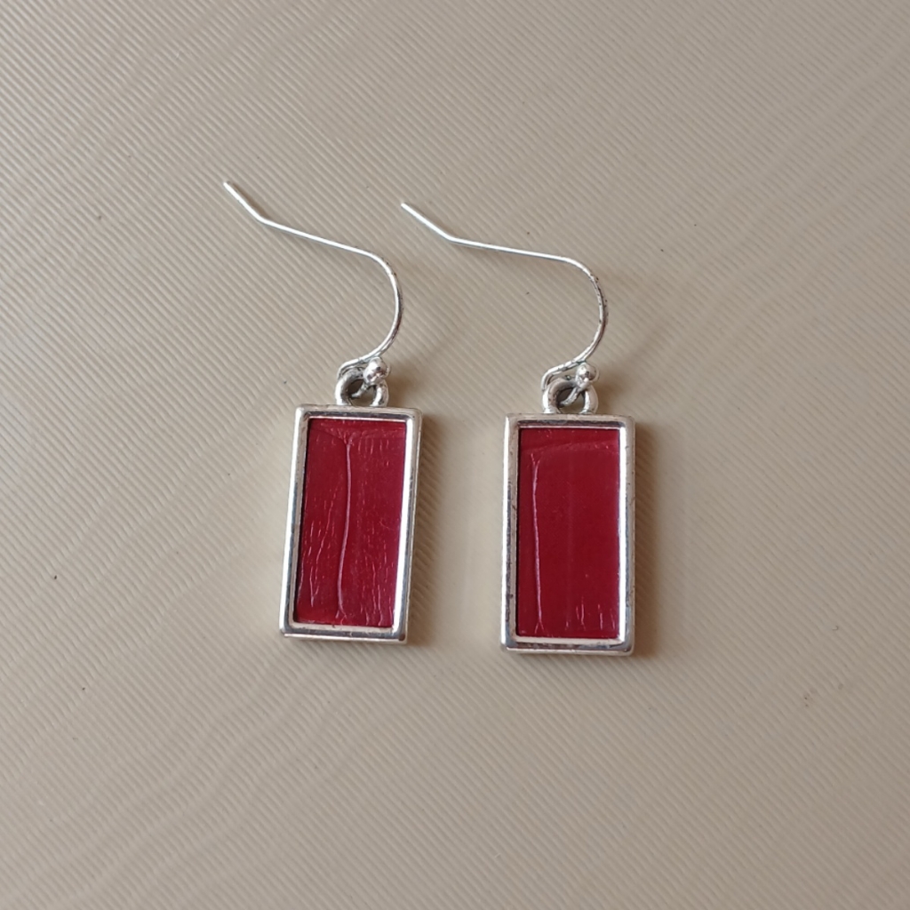 Vintage 90's Y2k Red Rectangle Silver Dangle Earrings